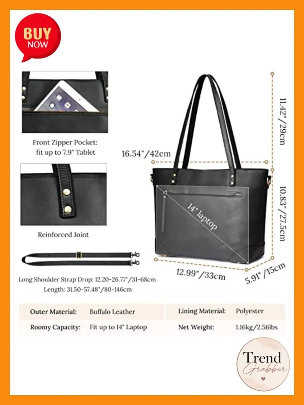 Genuine Leather Tote Bag Shoulder Crossbody Handbag Fits 14